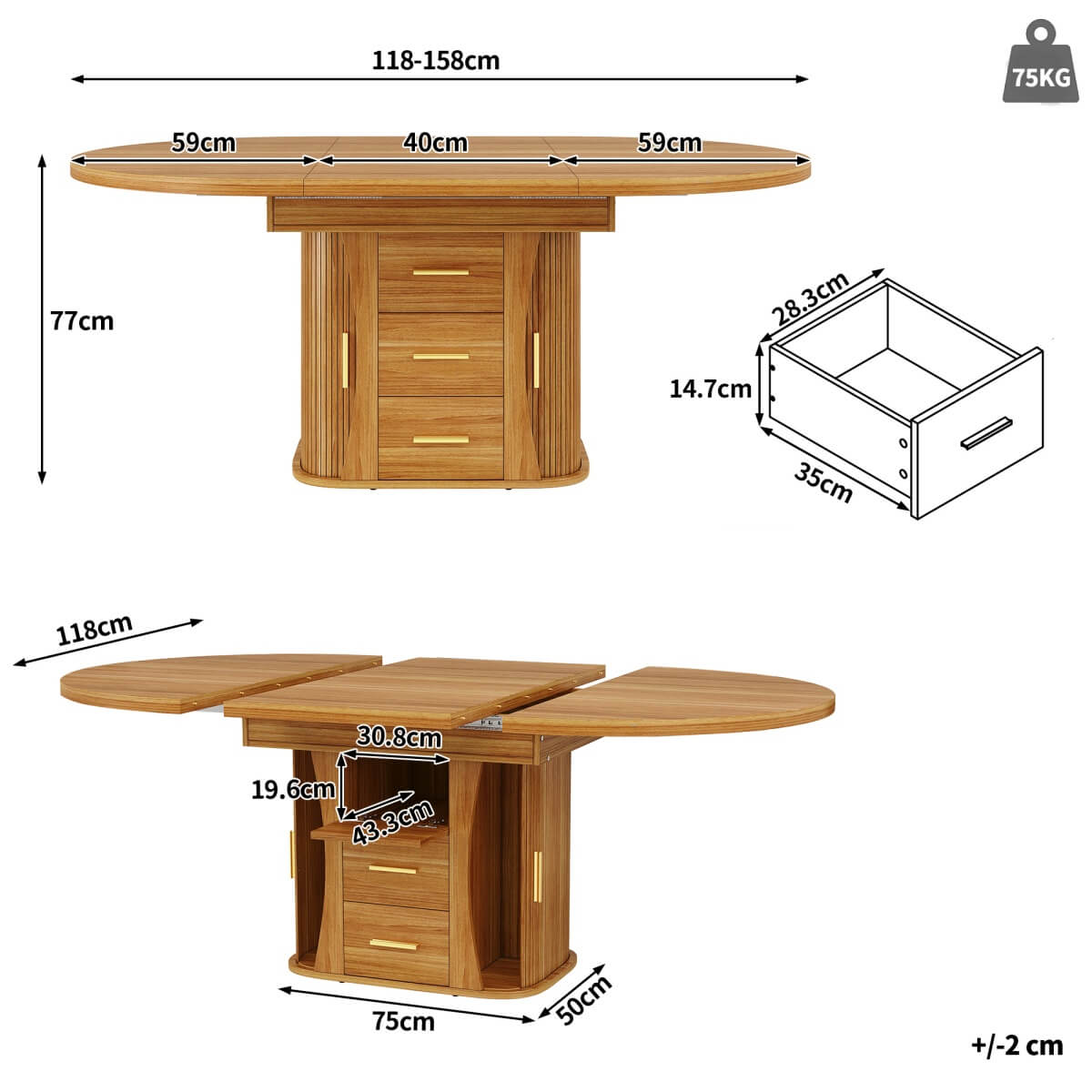 Extendable Round Dining Table 118–158cm - Kitchen Table Converts to Oval, Seats 6, 3-Tier Storage, Walnut