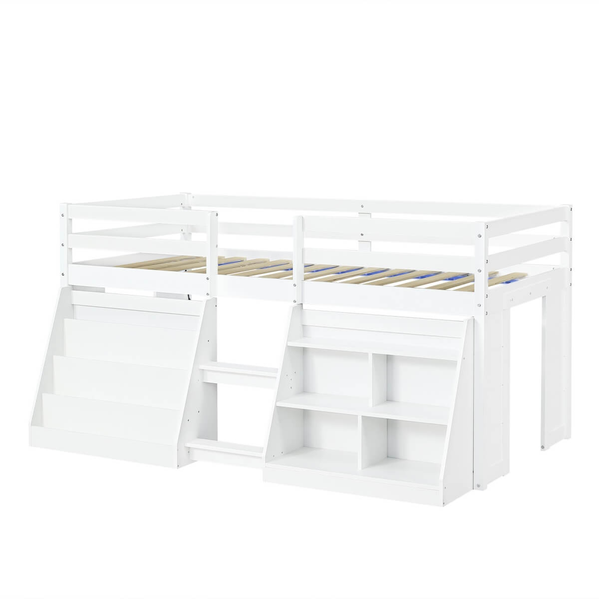3ft Single Wooden Loft Bed with Stairs - LED Light, Bookcase & Storage Shelves, Underbed Play Space, Safety Guardrail, White