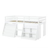 3ft Single Wooden Loft Bed with Stairs - LED Light, Bookcase & Storage Shelves, Underbed Play Space, Safety Guardrail, White