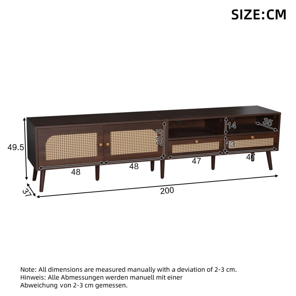 Rattan TV Stand with Storage - 2 Door TV Cabinet with Drawers, Dark Wood, Fits up to 90 Inch TV