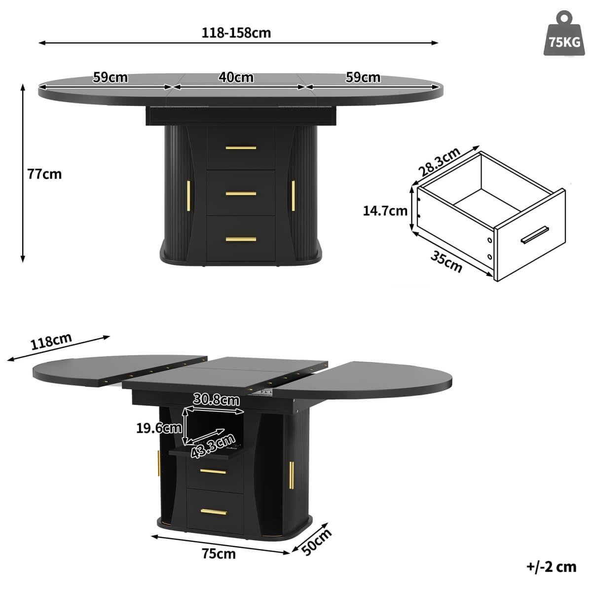 Extendable Round Dining Table 118–158cm - Kitchen Table Converts to Oval, Seats 6, 3-Tier Storage, Black