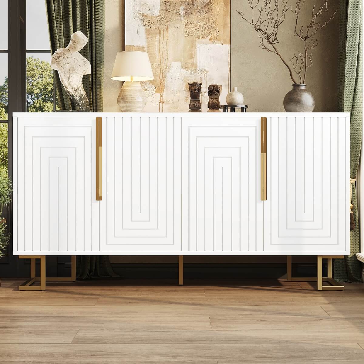 White Sideboard with Geometric Design - Modern Storage Cabinet with Gold Handles and Gold Legs