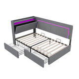 3ft Single Daybed with 2 Storage Drawers - Linen Sofa Bed with LED Headboard Storage & Charging Station, Grey