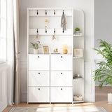 Hallway Storage Unit with Coat Rack - Shoe Cabinet with 6 Flip Drawers, 8 Hooks & 5 Shelves, White