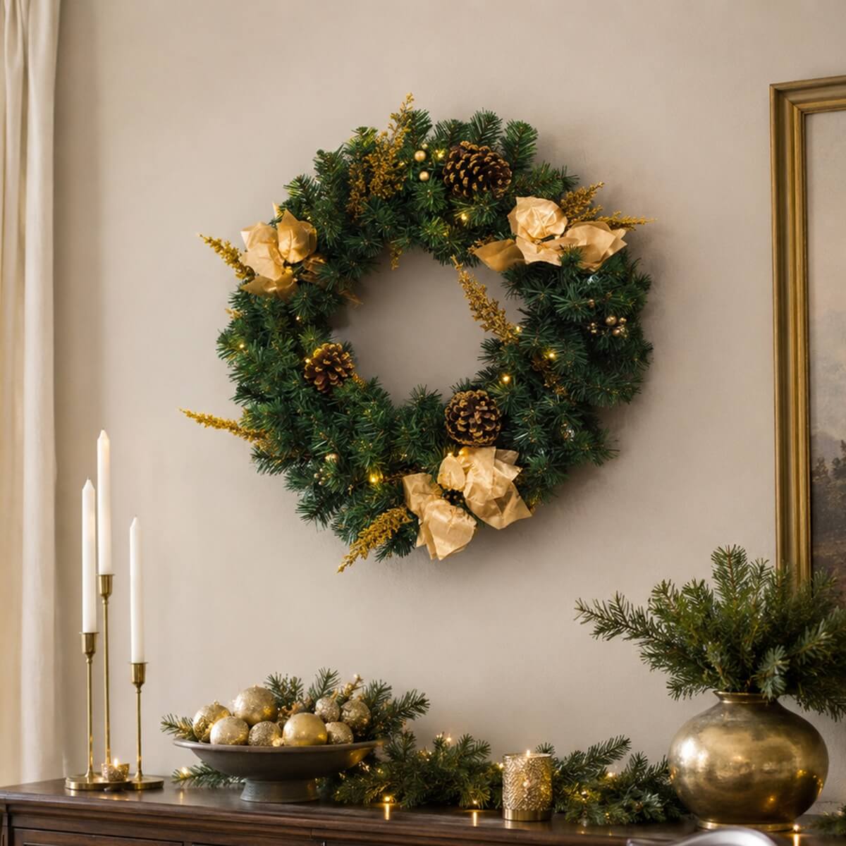 Christmas Wreath with Gold Flowers & Red Berries - PVC Wreath with Pre-Lit LED Lights & Gold Branches