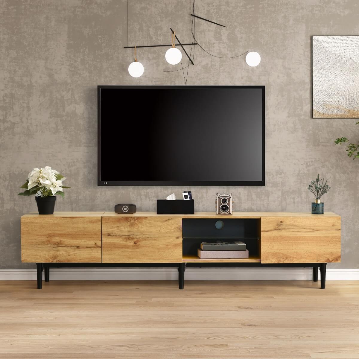 Modern TV Cabinet with LED Lights - Large Storage Media Console, Wood Grain Finish