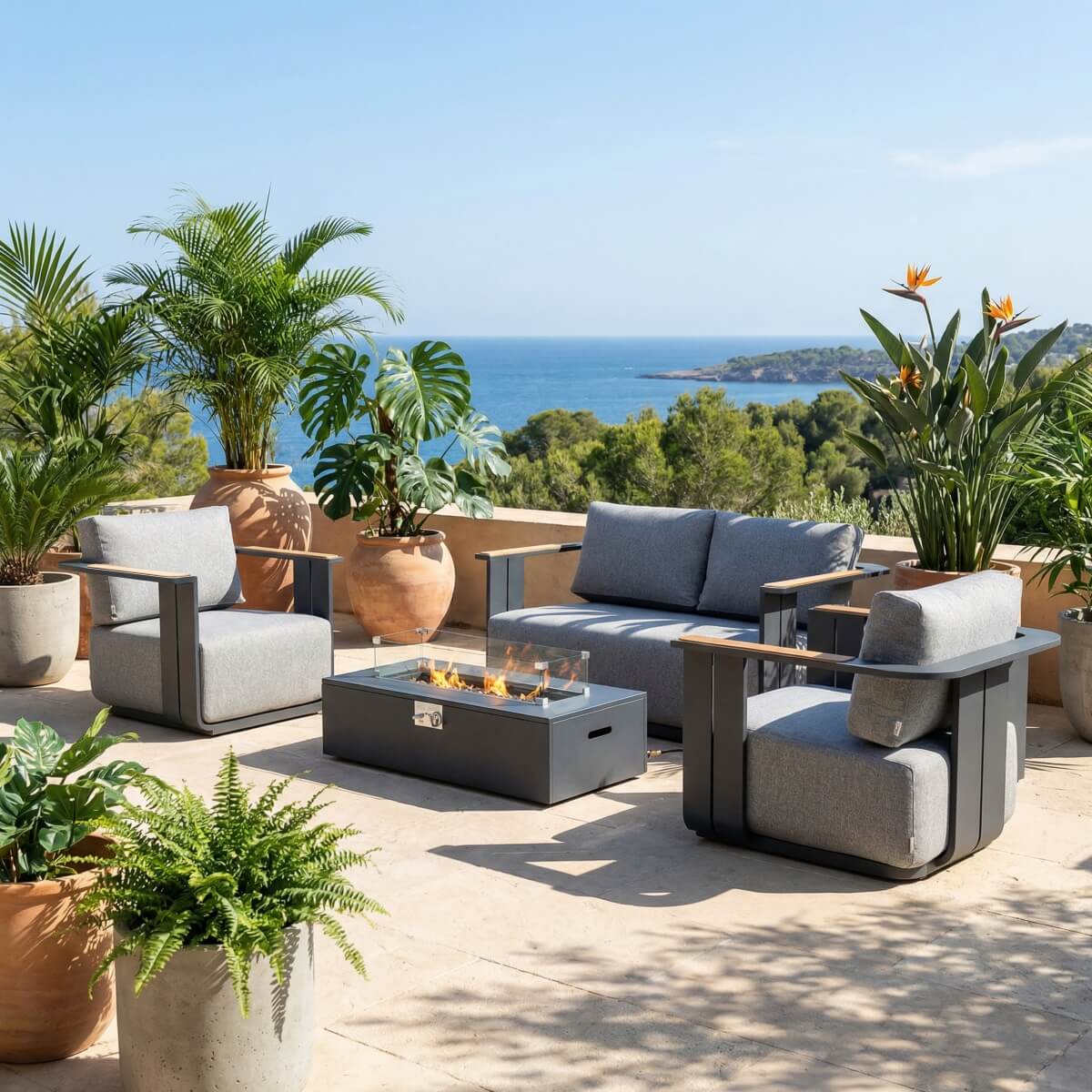 VAREL 4-Piece Sofa Set with ZENITH Fire Pit Table (2 Armchairs + 2-Seater)