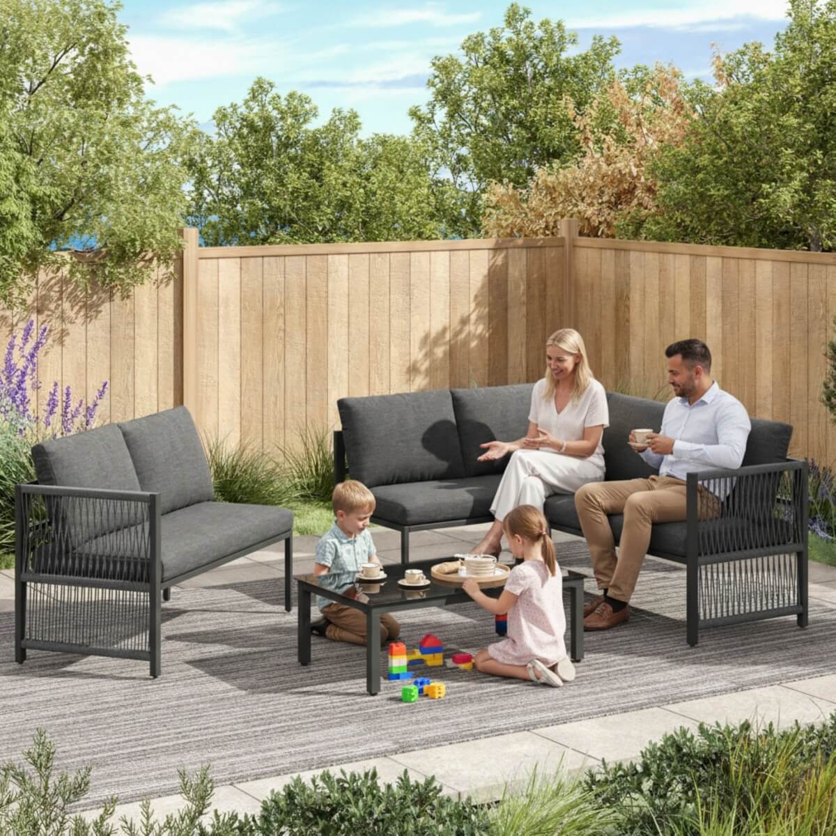 5-6 Seater Garden Corner Sofa Set - Outdoor Patio Furniture with Tempered Glass Coffee Table