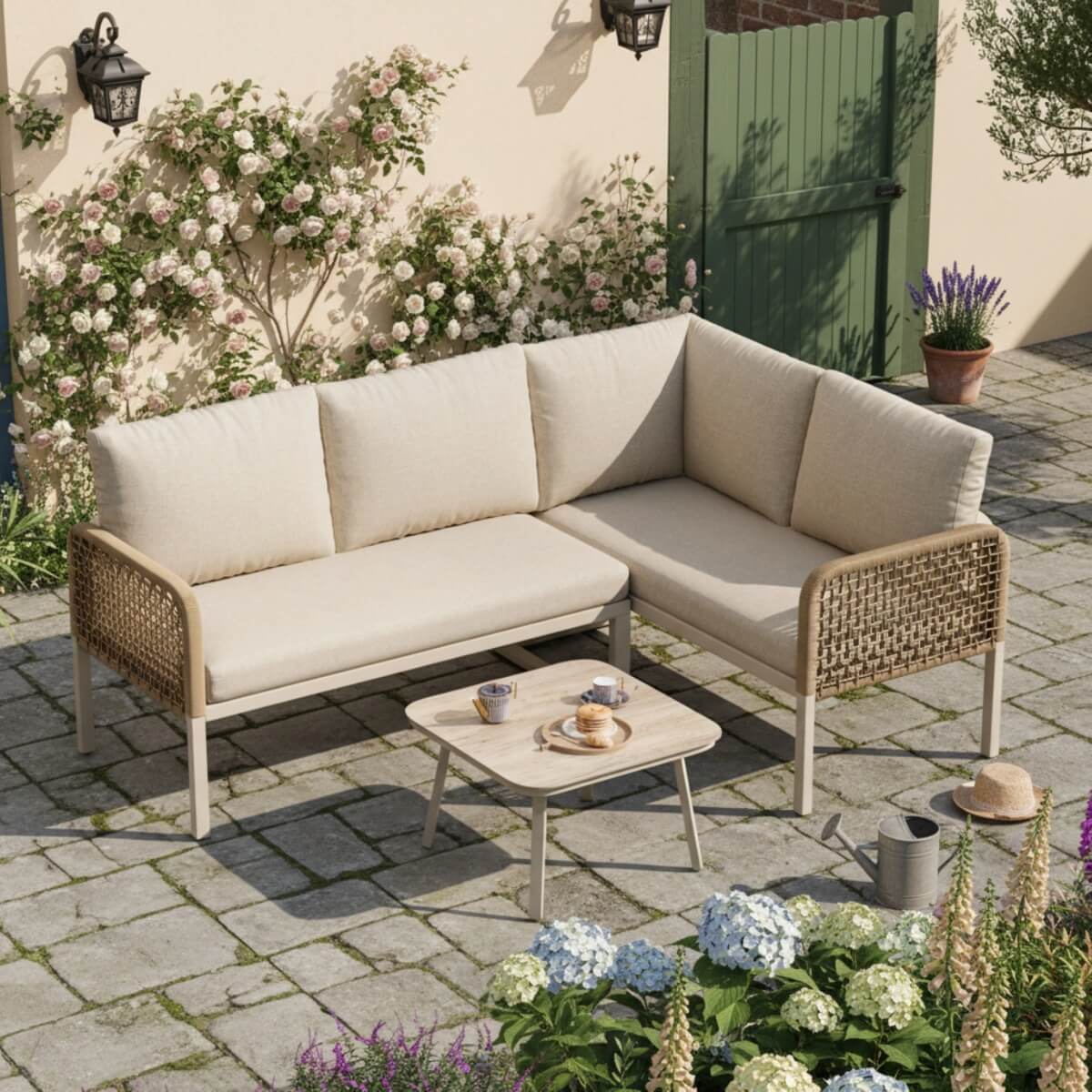 4 Seater Garden Sofa Set - Outdoor Patio Furniture with Wood Effect Glass Table
