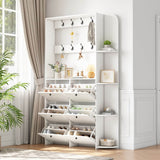 Hallway Storage Unit with Coat Rack - Shoe Cabinet with 6 Flip Drawers, 8 Hooks & 5 Shelves, White