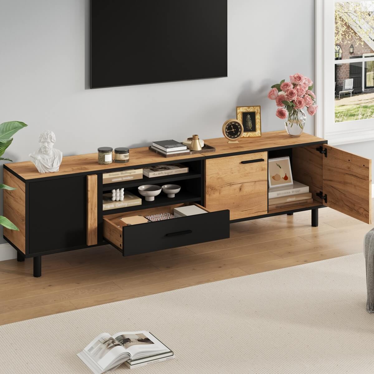 180cm Modern TV Stand for Up to 75 Inch TVs - Oak & Black Media Console with Drawers & Cabinets, Industrial TV Unit