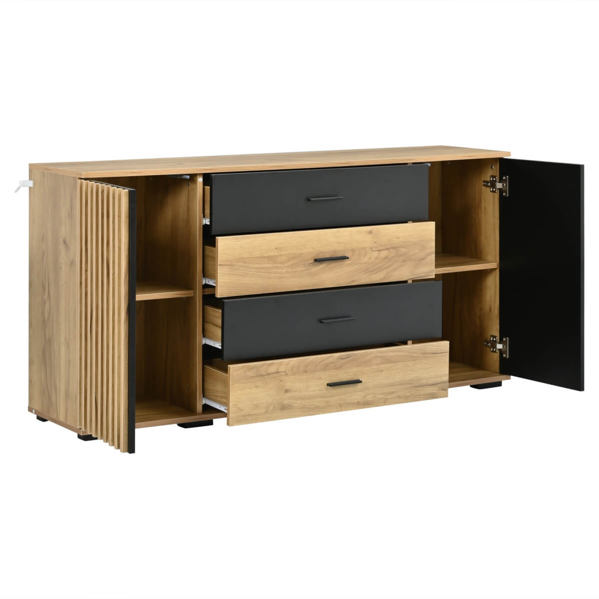 Fluted Sideboard with 4 Drawers and 2 Doors - Oak and Black Storage Cabinet