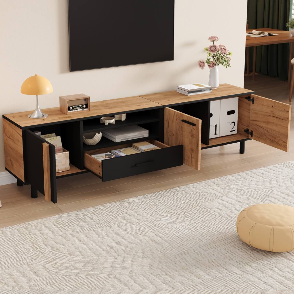 180cm Modern TV Stand for Up to 75 Inch TVs - Oak & Black Media Console with Drawers & Cabinets, Industrial TV Unit
