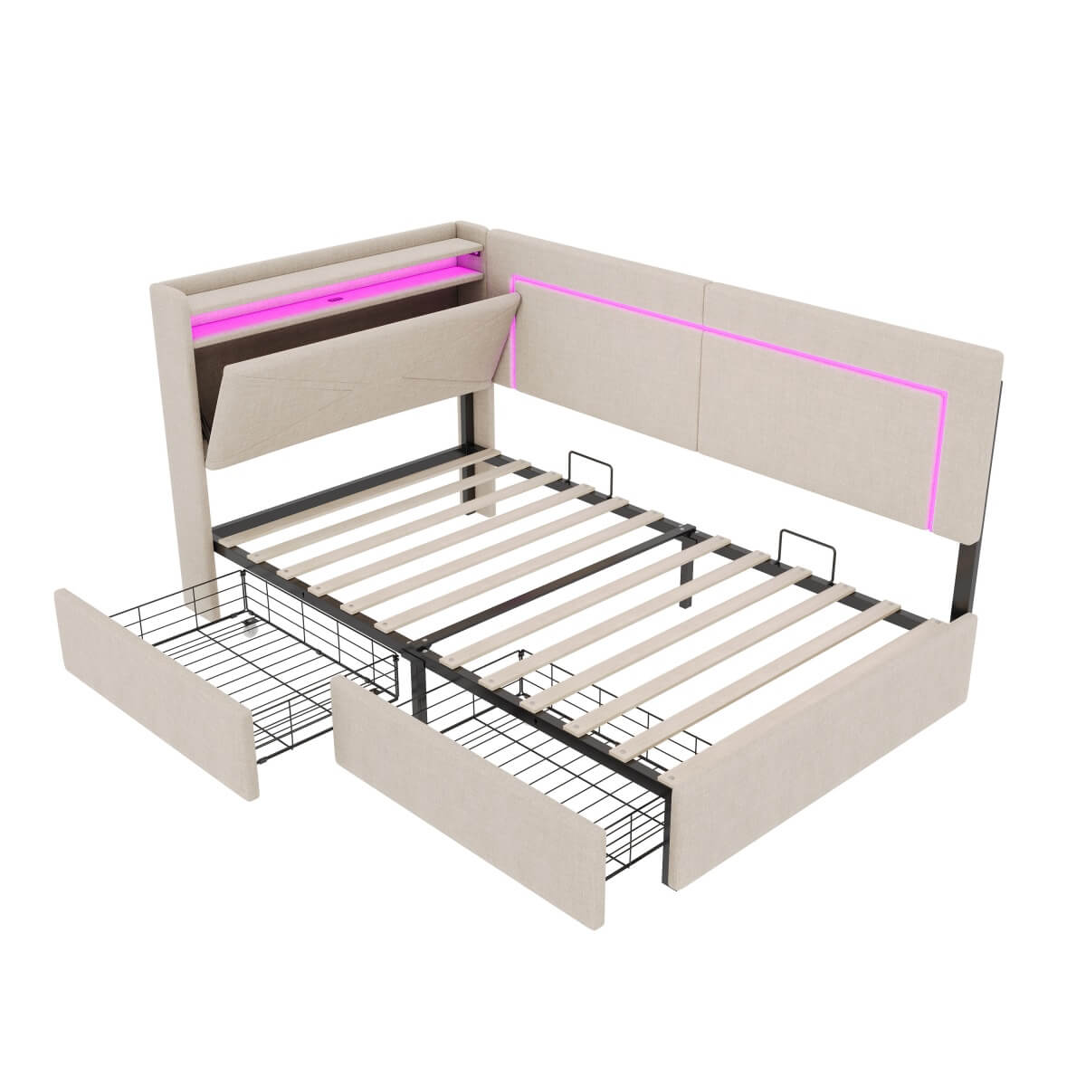 3ft Single Daybed with 2 Storage Drawers - Linen Sofa Bed with LED Headboard Storage & Charging Station, Beige