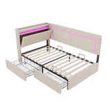 3ft Single Daybed with 2 Storage Drawers - Linen Sofa Bed with LED Headboard Storage & Charging Station, Beige