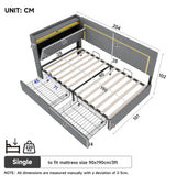 3ft Single Daybed with 2 Storage Drawers - Linen Sofa Bed with LED Headboard Storage & Charging Station, Grey