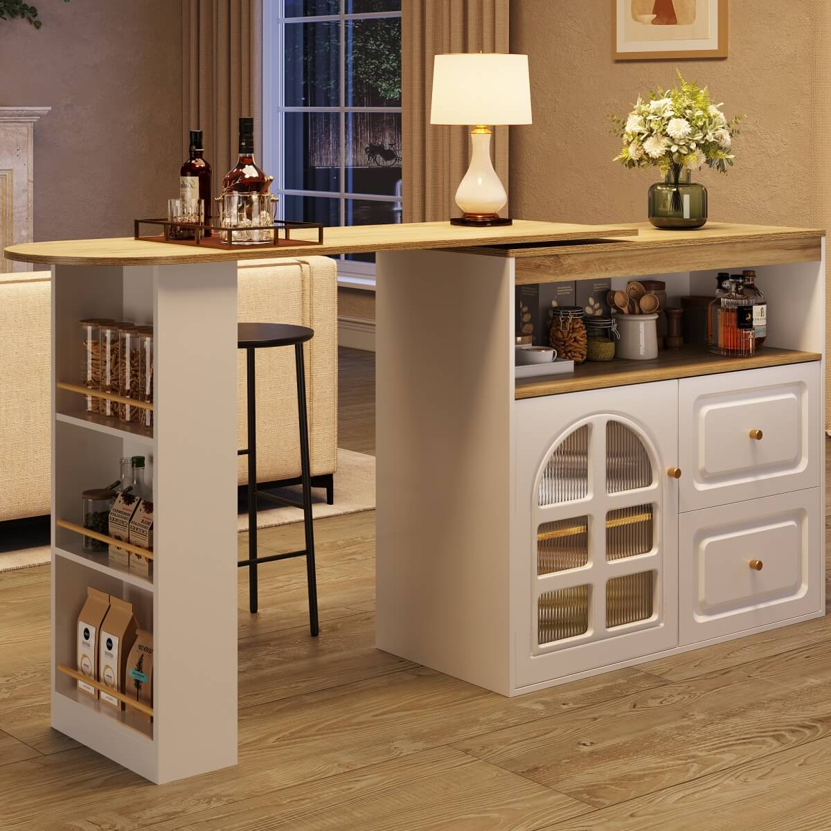 Rotating Sideboard Cabinet - 2 Drawers with Open Storage & Curved Glass Shelves