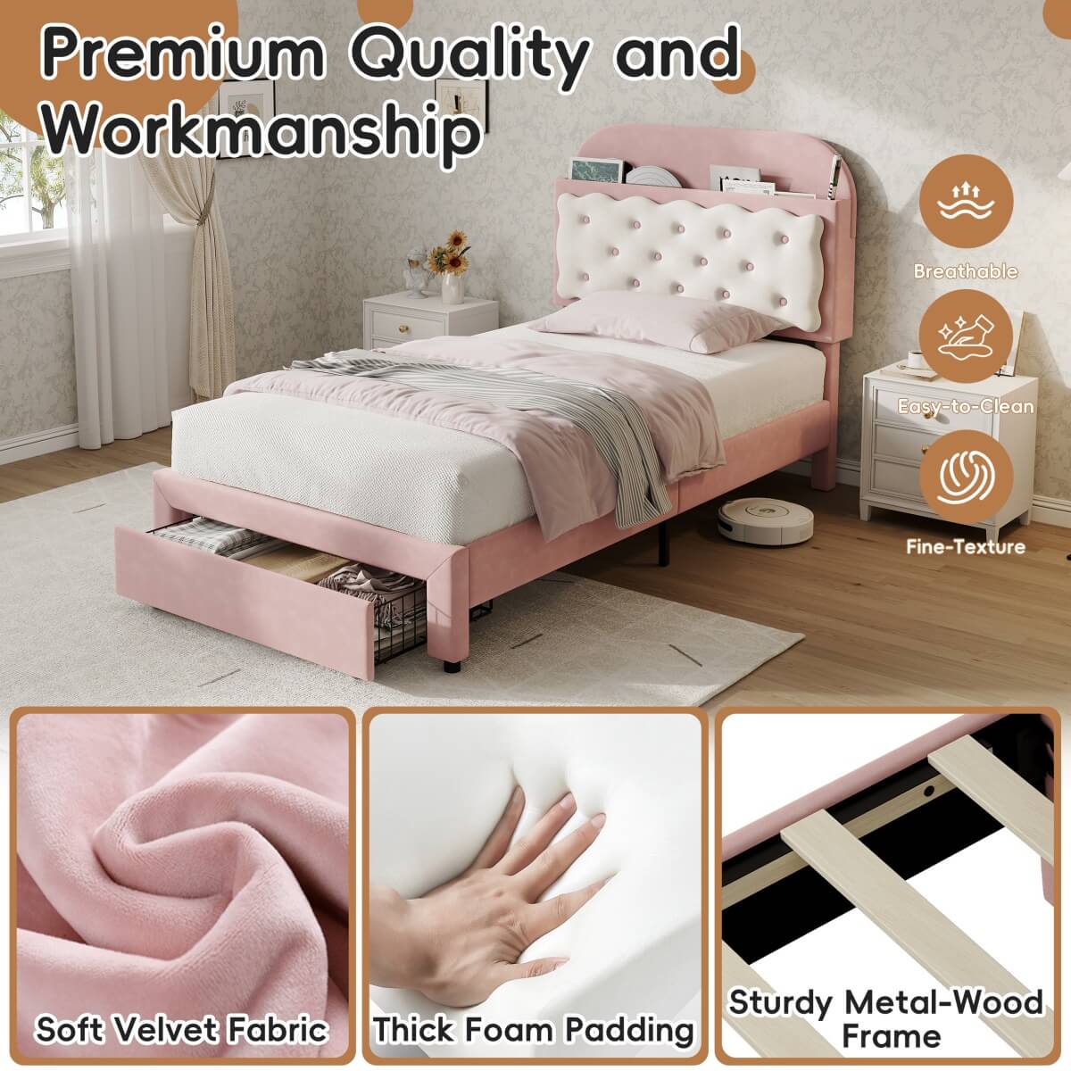 3ft Single Velvet Bed Frame - Cookie Shaped Headboard with Storage Drawer