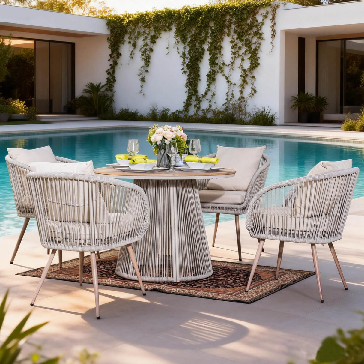 4-Seater Outdoor Dining Set - Round Metal Table with Chairs, Garden Patio Furniture