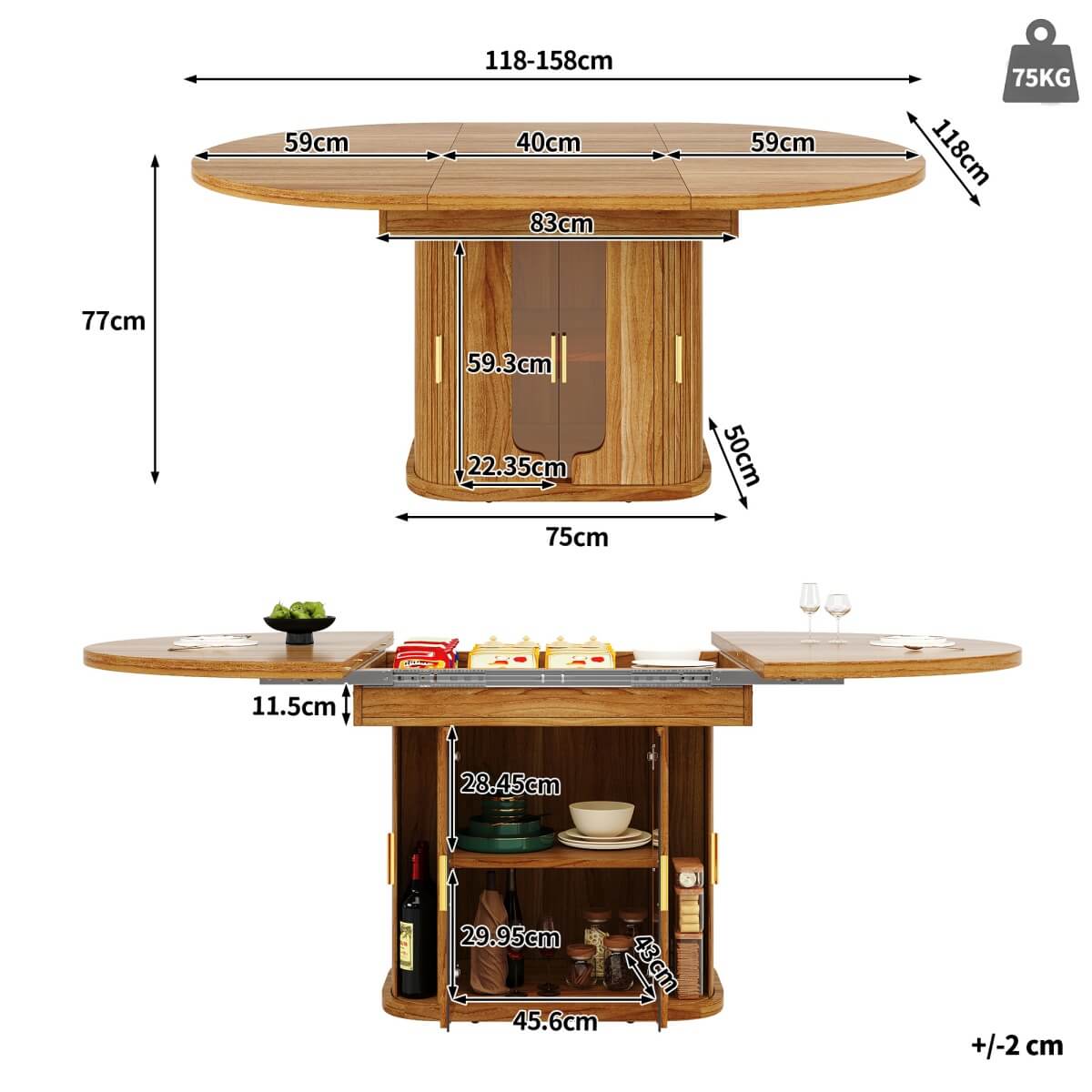 Extendable Round Dining Table 118–158cm - Kitchen Table Converts to Oval, Seats 6, Glass Door Storage, Walnut
