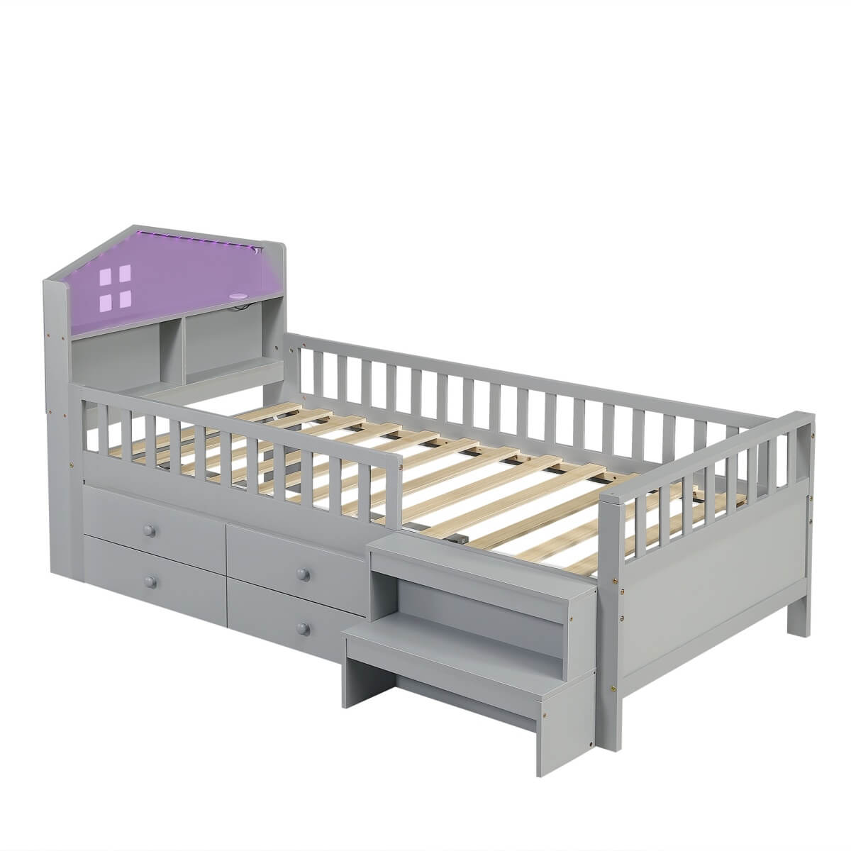 3ft Single Wooden Storage Bed with LED Headboard, Drawers & USB Charging, Grey