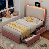 3ft Velvet Upholstered Bed with LED Wavy Headboard - Single Storage Bed with Drawers, Pink & Cream White