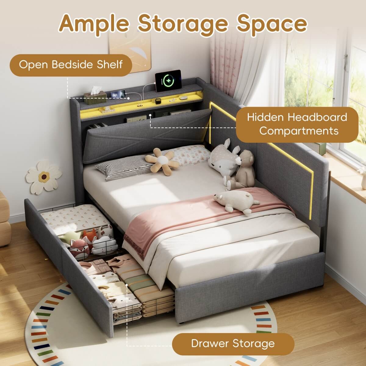 3ft Single Daybed with 2 Storage Drawers - Linen Sofa Bed with LED Headboard Storage & Charging Station, Grey