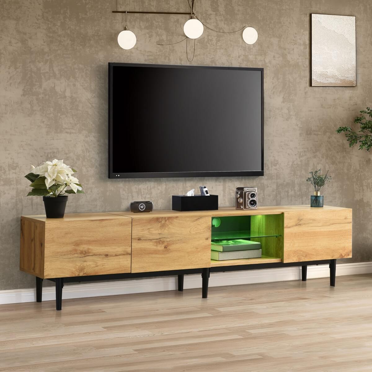 Modern TV Cabinet with LED Lights - Large Storage Media Console, Wood Grain Finish