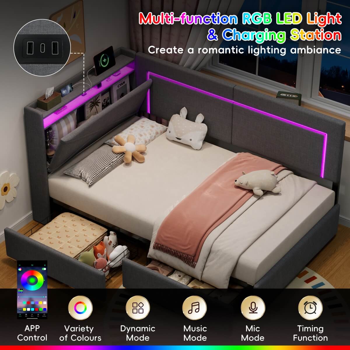 3ft Single Daybed with 2 Storage Drawers - Linen Sofa Bed with LED Headboard Storage & Charging Station, Grey