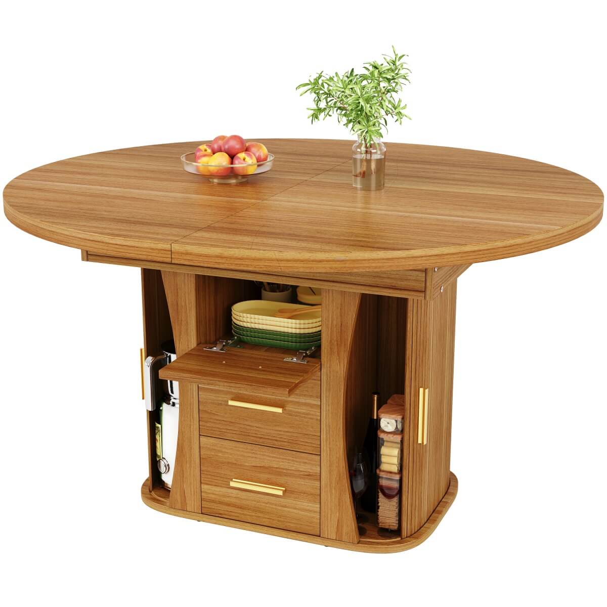 Extendable Round Dining Table 118–158cm - Kitchen Table Converts to Oval, Seats 6, 3-Tier Storage, Walnut