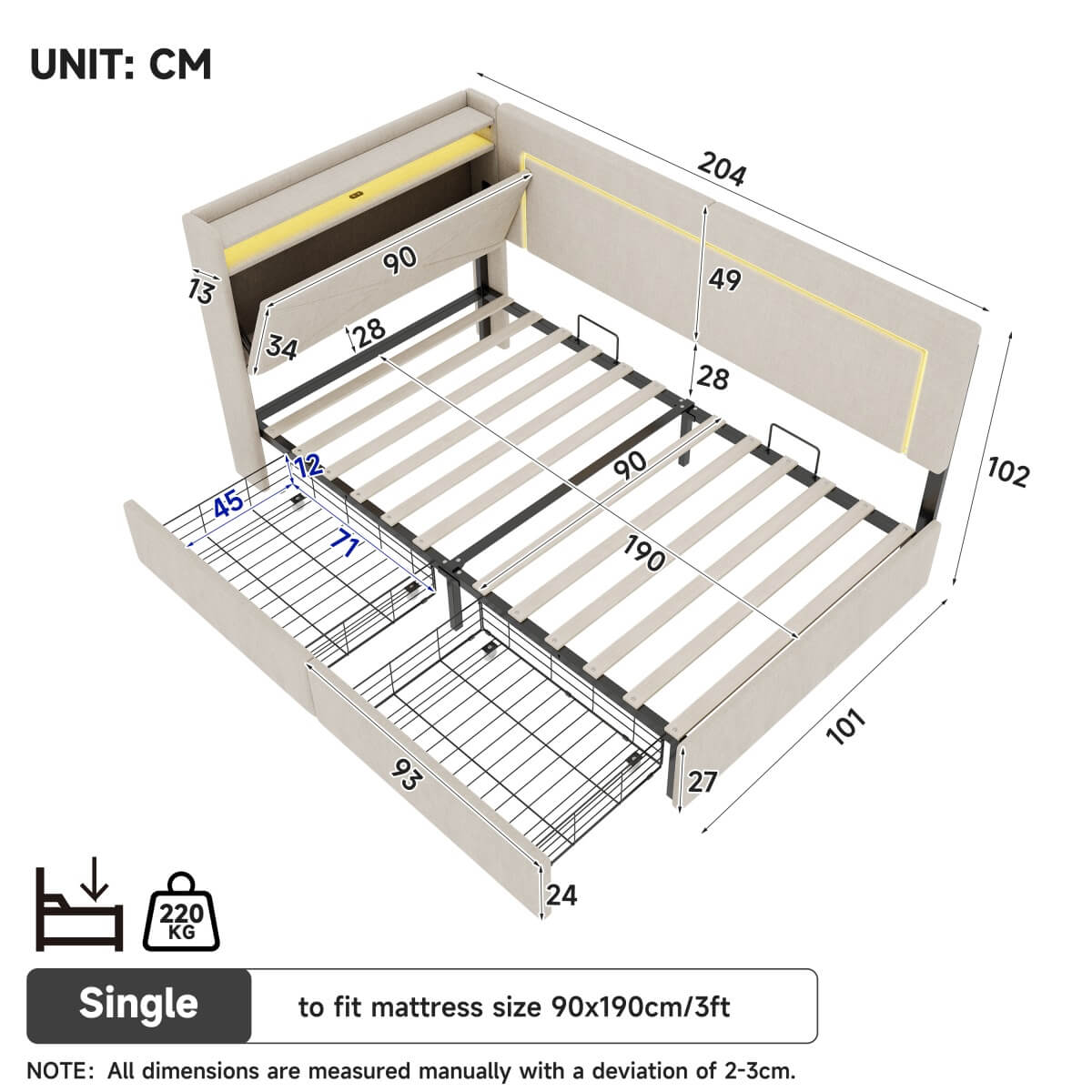 3ft Single Daybed with 2 Storage Drawers - Linen Sofa Bed with LED Headboard Storage & Charging Station, Beige