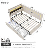3ft Single Daybed with 2 Storage Drawers - Linen Sofa Bed with LED Headboard Storage & Charging Station, Beige