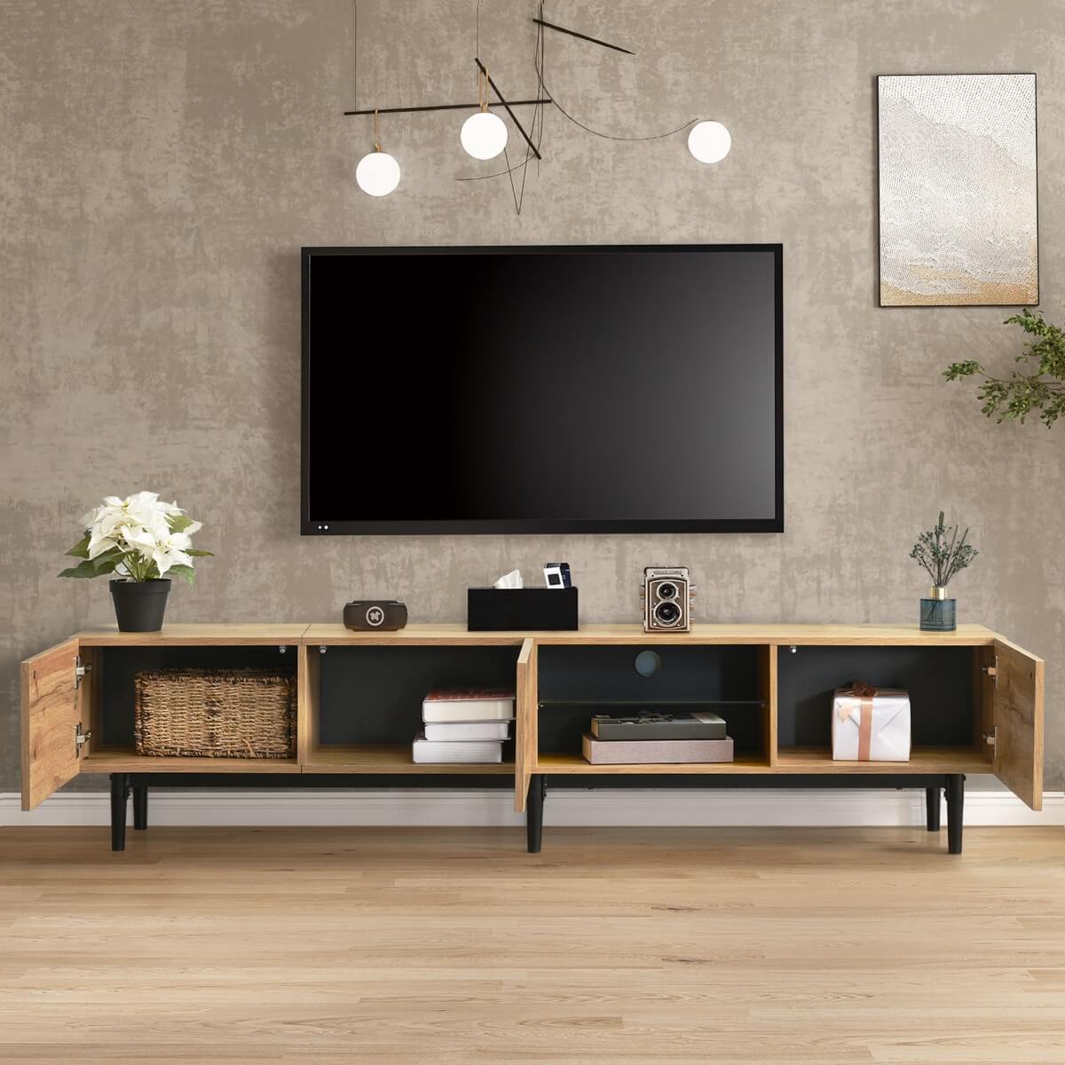 Modern TV Cabinet with LED Lights - Large Storage Media Console, Wood Grain Finish