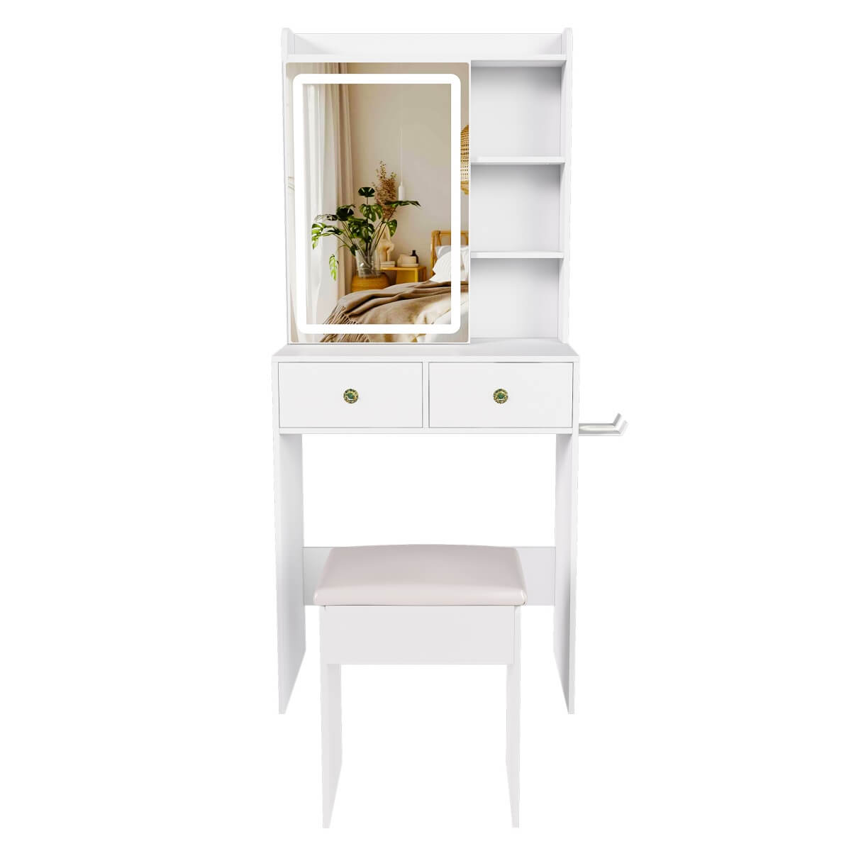 Small Makeup Vanity Desk with Mirror - Adjustable LED Lights, Power Socket, Hair Dryer Holder, Storage Rack & Padded Stool, White