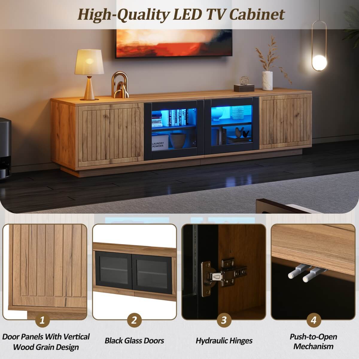 180cm TV Unit for TVs up to 75 Inch - Natural Wood Effect and Black TV Stand with Glass Doors, LED Light Strip and Large Storage Cabinets