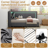 3ft Single Daybed with 2 Storage Drawers - Linen Sofa Bed with LED Headboard Storage & Charging Station, Grey