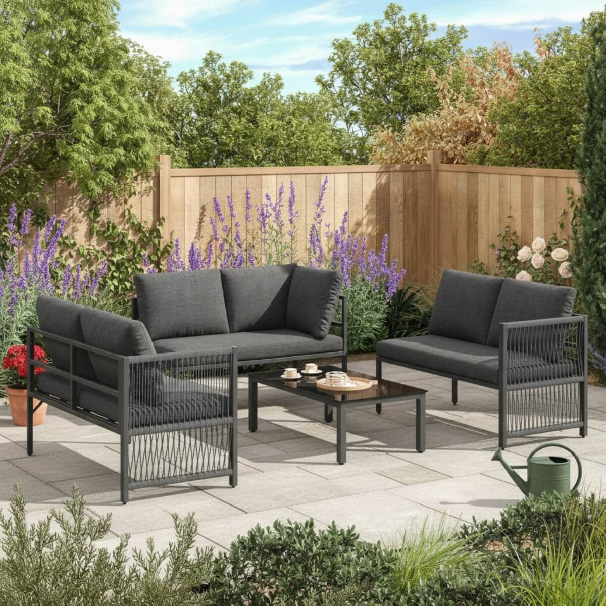 5-6 Seater Garden Corner Sofa Set - Outdoor Patio Furniture with Tempered Glass Coffee Table