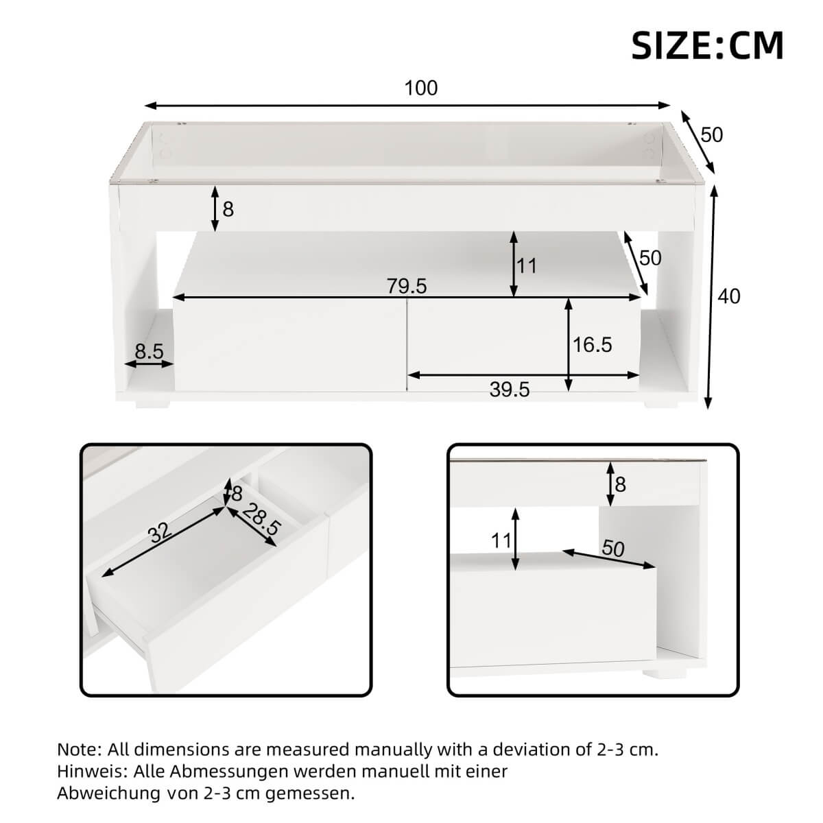 High Gloss LED Coffee Table - Centre Table with Open Storage & Drawers