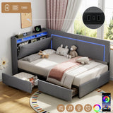 3ft Single Daybed with 2 Storage Drawers - Linen Sofa Bed with LED Headboard Storage & Charging Station, Grey