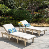 Outdoor Solid Wood Sun Lounger Set - 2 Adjustable Backrest Loungers with Round Side Table