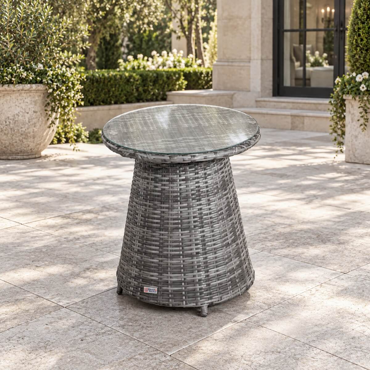 Round Grey Rattan Outdoor Coffee Table - Aluminium Frame Garden Patio Side Table