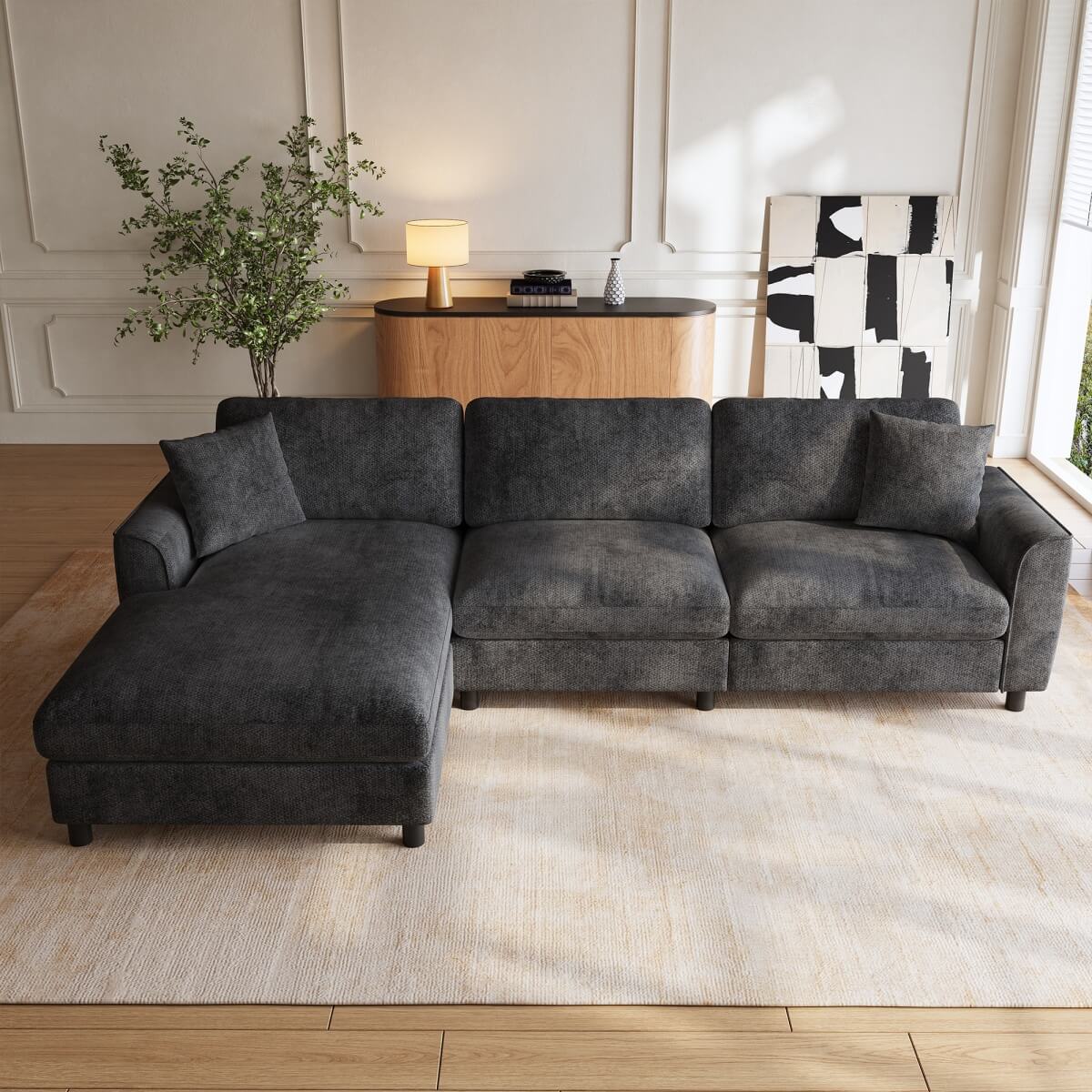 L-Shaped 3-Seater Sectional Sofa with Reversible Chaise - 90cm Extra-Wide Chaise Seat, Chenille Fabric, Grey