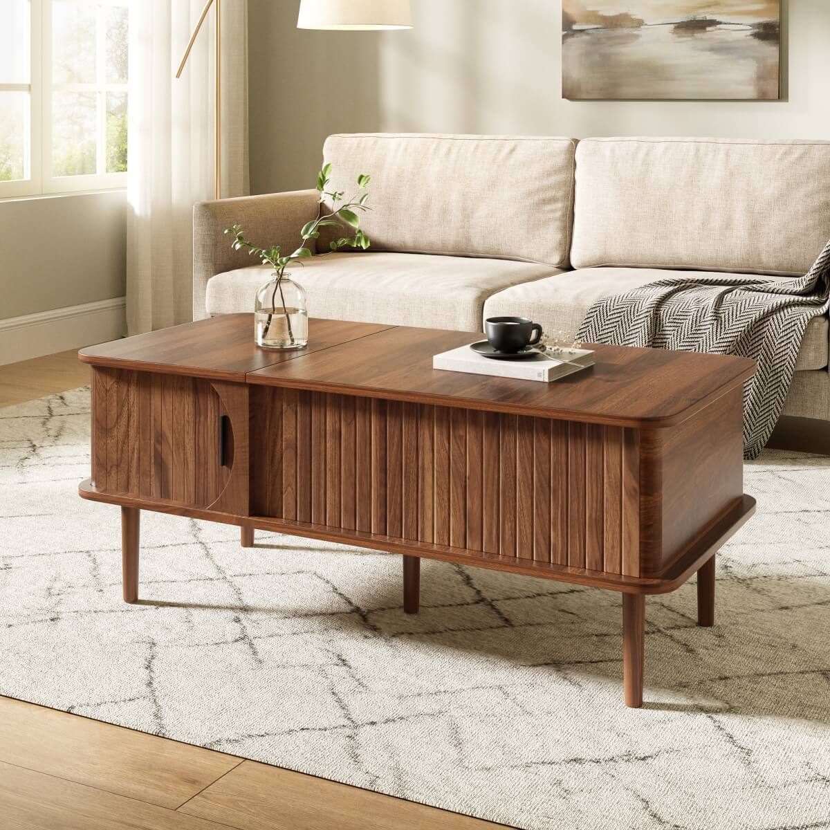 Retro Lift Top Coffee Table with Sliding Door - Walnut Effect Finish, Vertical Slat Design and Wooden Legs, Walnut