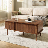 Retro Lift Top Coffee Table with Sliding Door - Walnut Effect Finish, Vertical Slat Design and Wooden Legs, Walnut