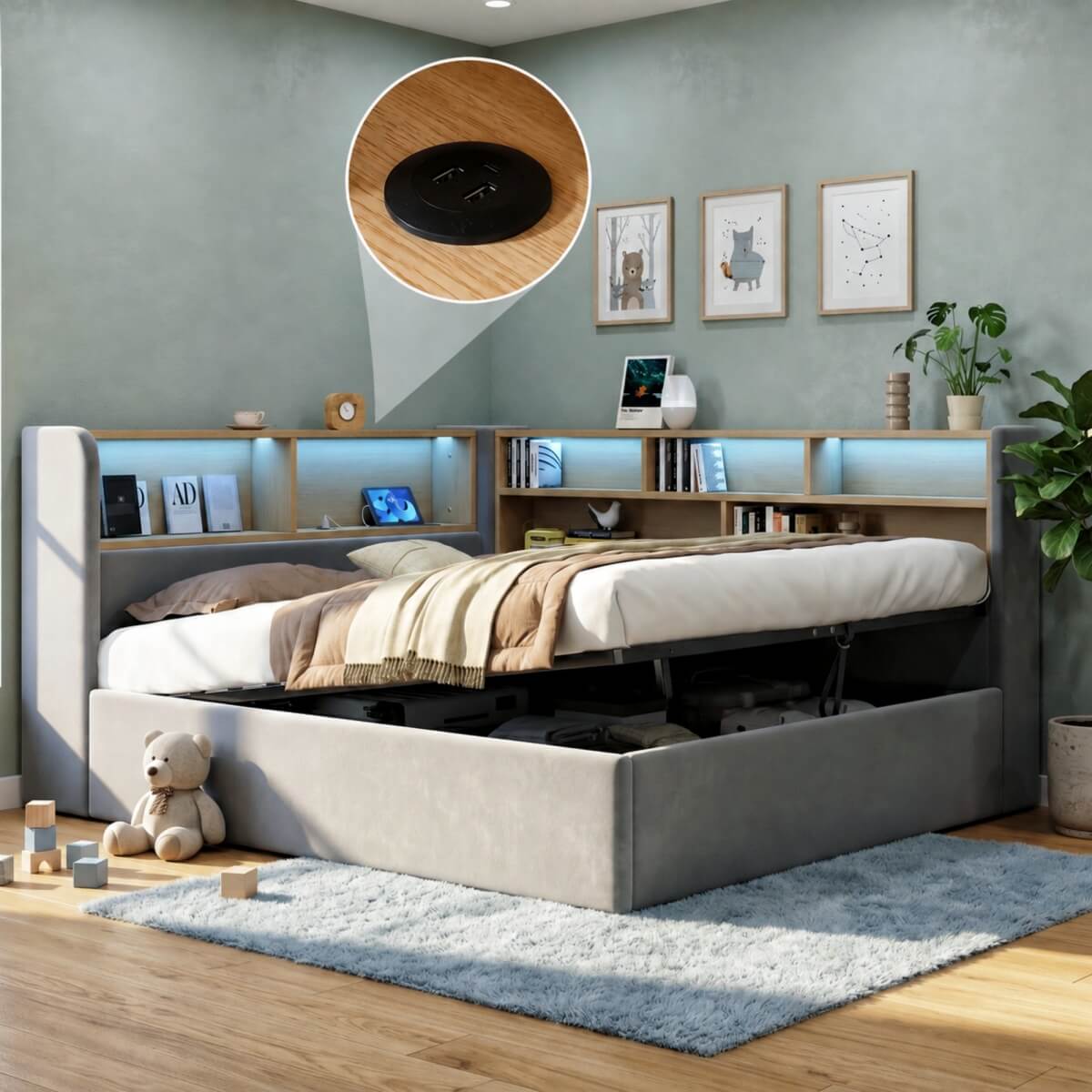 4ft6 Double Velvet Upholstered Daybed with Hydraulic Storage - L-Shaped Sofa Bed with LED Lights and USB Charging, Grey