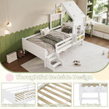 3ft Single Wooden House Bed - Star-Shaped Roof, Low-Level Stairs, Window and Built-In Bookcase, White