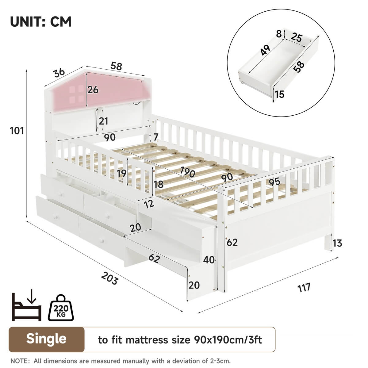 3ft Single Wooden Storage Bed with LED House Headboard, Drawer, USB & Type-C Charging, White