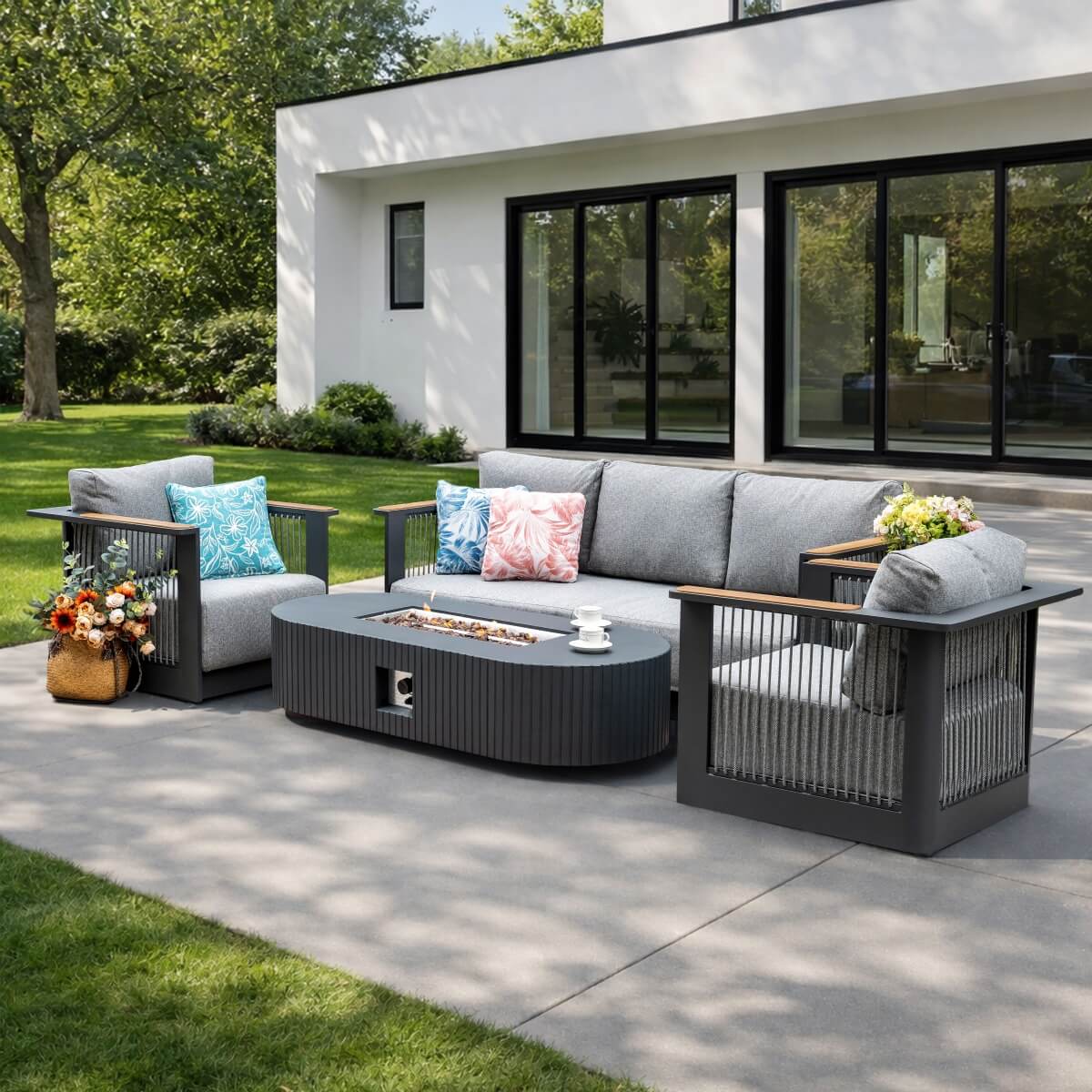 TALARA 5-Seater Aluminium Sofa Set with LYRIN Fire Pit Table