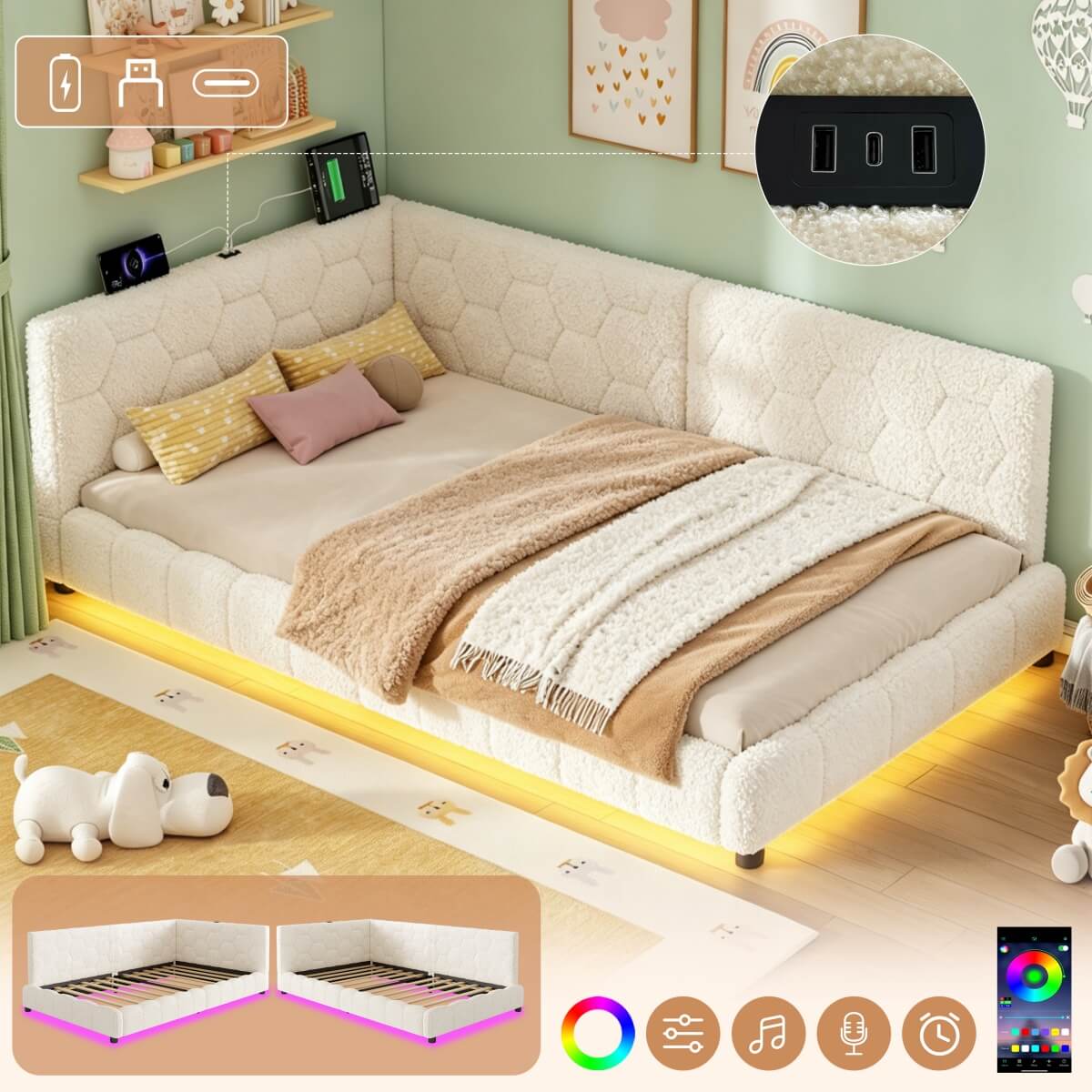 3ft Single Boucle Bed Frame - Reversible Design with RGB LED Lights, USB and Type-C Charging, Beige