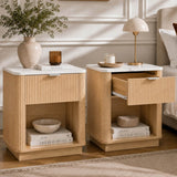 Set of 2 Modern Fluted Bedside Tables - Oak Effect with Marble Effect Tops, Drawer and Open Shelf
